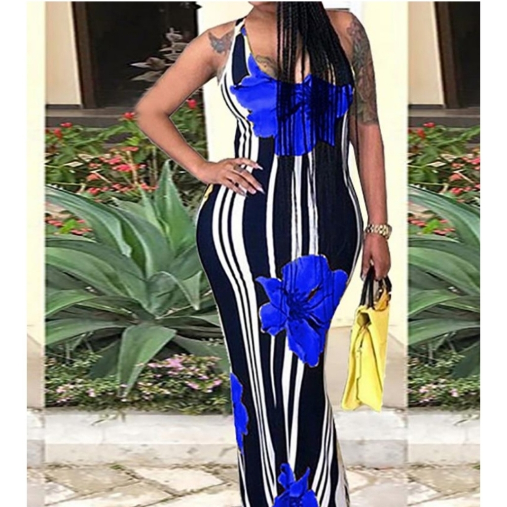 Sexy Floral Print Striped Bodycon Maxi Dress